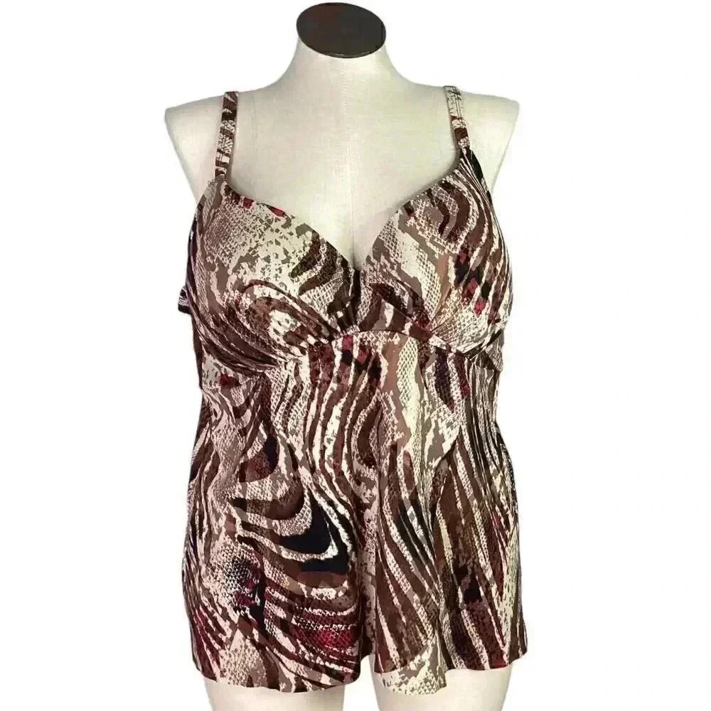 Swimsuits For All Women 46C Snake Print Tankini Swim Top Brown Multicolor Bra